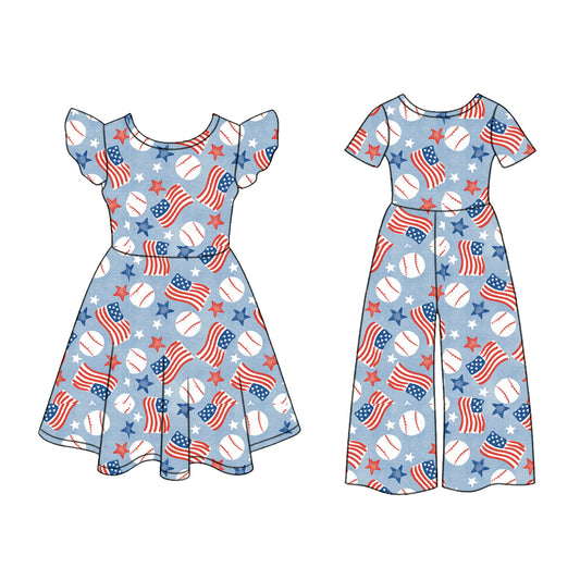 3.5 Custom moq 5 mix size Sibling Baby Girl's 4th of July Flutter Sleeve Dress And Matching Short-Sleeved Jumpsuit Outfit Set
