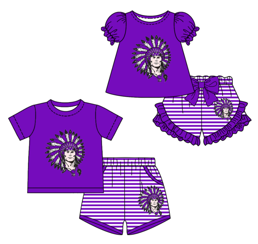 Custom moq 5 mix size milk silk summer teams Purple Baby Girl Boy Short-Sleeved Shorts Set Toddler Kids Clothing Set