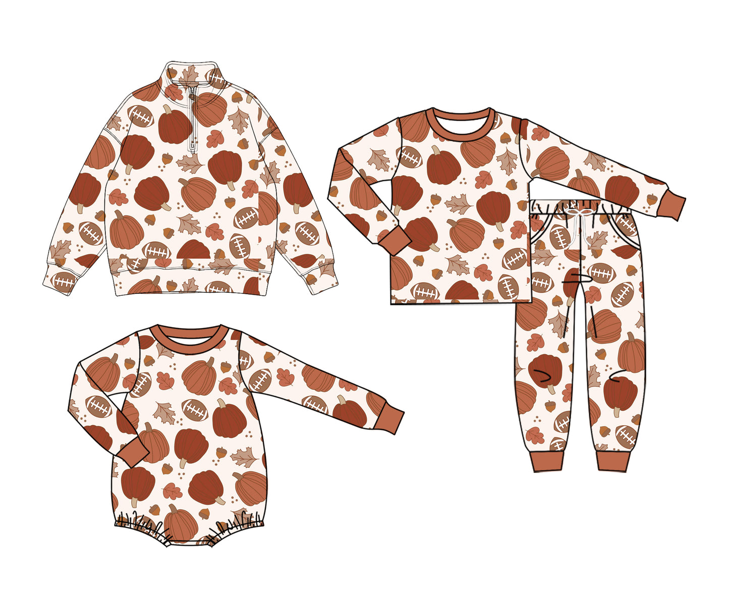 (Preorder new) No moq Baby Pumpkins Football Print Long Sleeve Top And Pants Pajama Set Rompers Pullovers Top