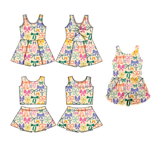 3.19 custom each style moq 5eta 4-6week Sibling Sister bow baby girls clothes Short sleeve yoga dress 1 and dress 2 and jumpsuit match family design
