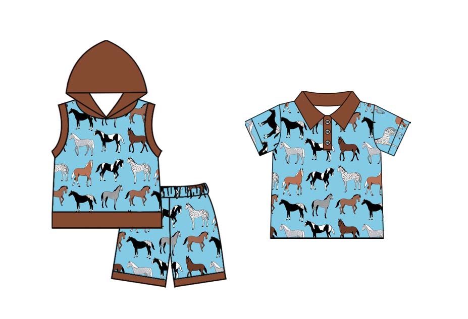11.19 custom each style moq 5eta 4-6week Sibling Sister horse hooded baby boy short sleeve shorts sets aand top match design