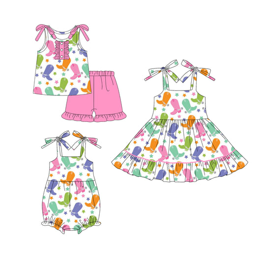 25.5.25 custom each style moq 5eta 4-6week Sibling Sisters boots baby girl short sleeve shorts sets and dress and rompers match family design
