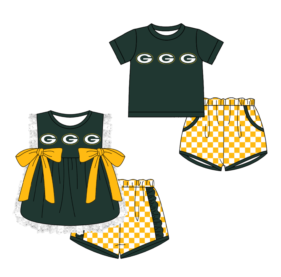 Custom moq 5 mix size milk silk summer teams Green Girl Sleeveless Top And Plaid Shorts Set with Bow Boy Short Sleeved Top And Plaid Shorts Set
