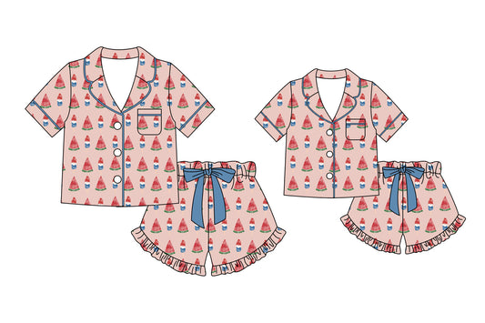 Custom moq 5 mix size Sibling Mom And Me Print 4th of July Pajama Set Short-Sleeved Top And Shorts Matching Sleepwear