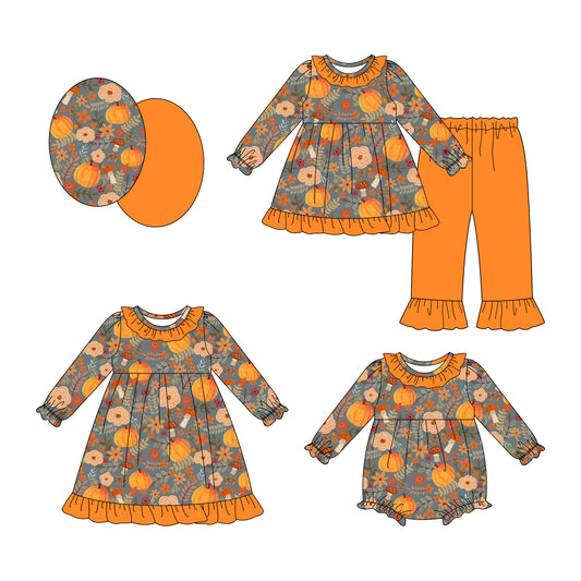 25.7.17 custom each style moq 5eta 4-6week Sibling Sisters pumpkin baby girl long sleeve pants sets and dress and rompers match family design