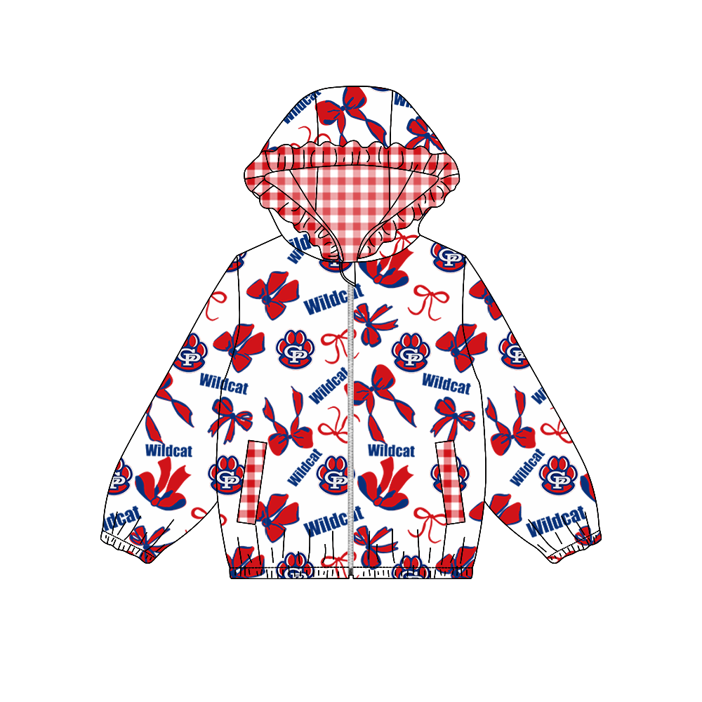 custom moq 5 mix size MSD072403 Baby Girls Bow Print White Long Sleeve Zipper Hooded Team Casual Jacket Top