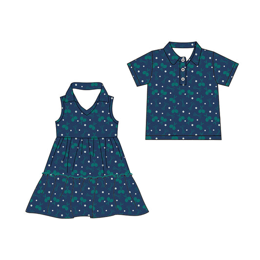 3.25 Custom moq 5 mix size Sibling Baby Girl's Blue Flutter Sleeves Knee-Length Dress Matching Boy's Short-Sleeved Button-Down Shirt Outfit Set