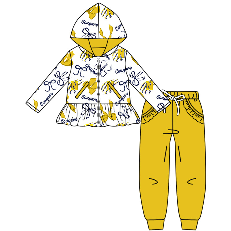 Custom moq 5 mix size milk silk summer teams baby girls clothes bow yellow hooded long sleeve pants sets and boy sets and dress and hooded top and pant-25.8.16
