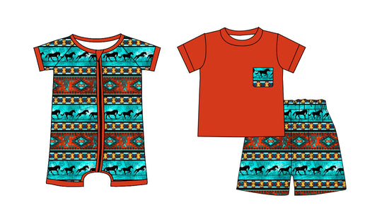 25.10.1 custom each style moq 8 eta 6-8week Sibling Sisters horse baby boy clothes short sleeve shorts sets and romper match family design