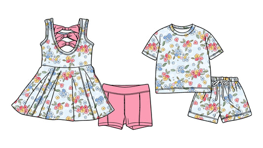 Custom moq 5 mix size Sibling Baby Girl pink Sleeveless Yoga Dress And Shorts Outfit Short Sleeved Top And Shorts Set