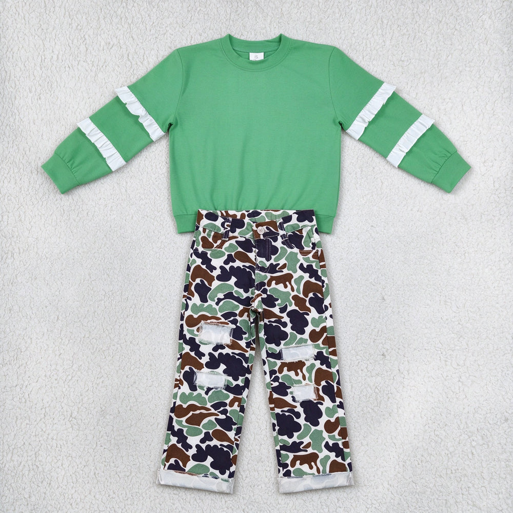 NEW RTS NO MOQ Denim GT1858+ P0413 Baby Girls Green White Patchwork Long Sleeve T-shirts Top Green Camo Distressed Denim Pants Sets