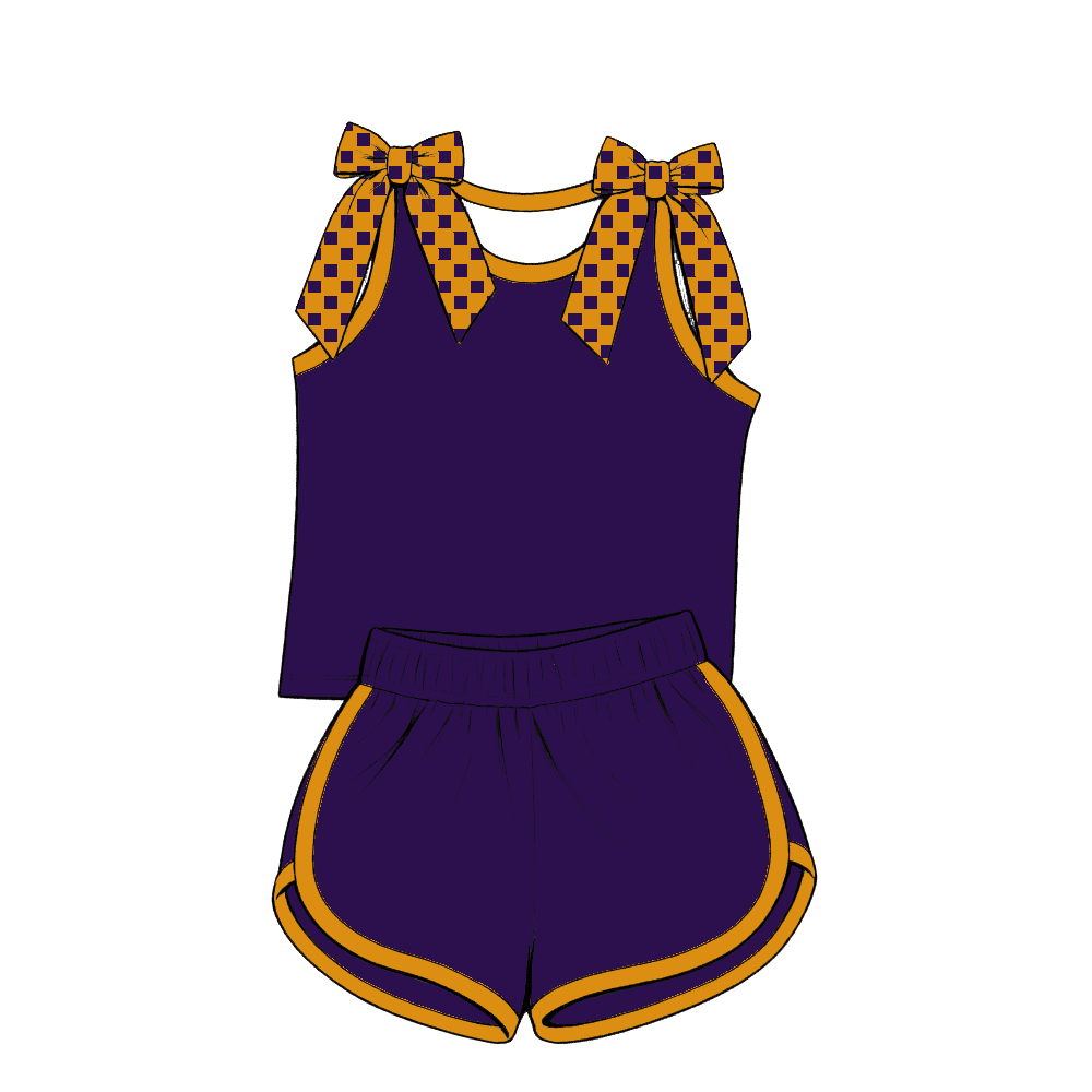 custom moq 5 mix size Baby Girls Purple Bow Sleeveless Yellow Top Shorts Summer Casual Clothes Set