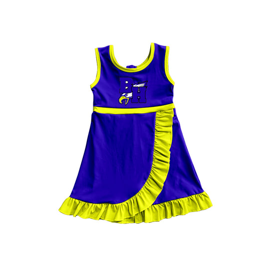 Custom moq 5 mix size milk silk summer teams Baby Girls Blue Scallop Sleeveless Yoga Knee Length Dress