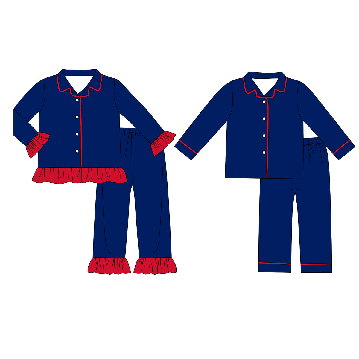 custom moq 5 mix size Baby Boys And Girls Navy Blue Red Long Sleeve Collared Button Down Pant Pajama Set Kids Sleepwear Set