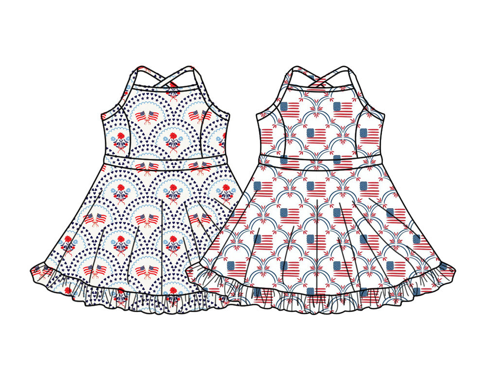 4.14 Custom moq 5 mix size Sibling Baby Girls 4th of July Strap Yoga Active Shorts Knee Length Dresses