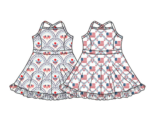 4.14 Custom moq 5 mix size Sibling Baby Girls 4th of July Strap Yoga Active Shorts Knee Length Dresses