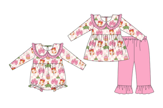 25.6.30 custom each style moq 5eta 4-6week Sibling Sisters bow pink baby girl long sleeve pants sets and rompers match family design