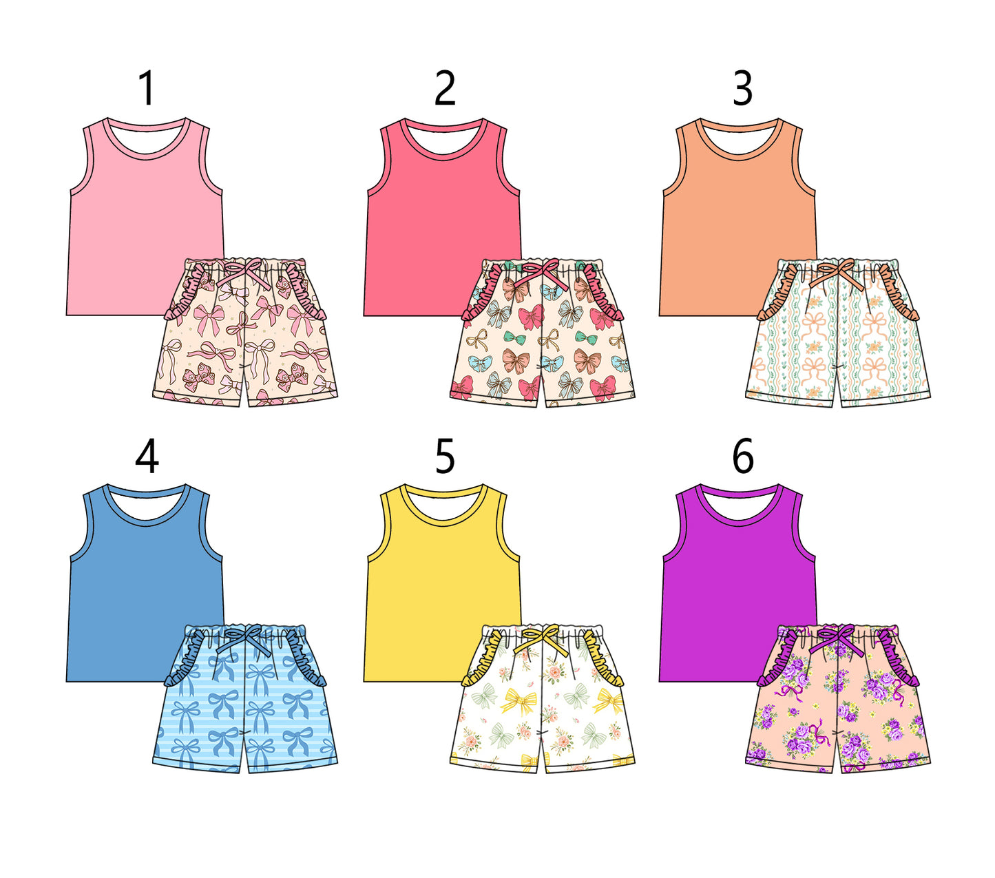 3.3 custom each style moq 5eta 4-6week Sibling Sister bow baby girls short sleeve shorts sets and set 6 match design