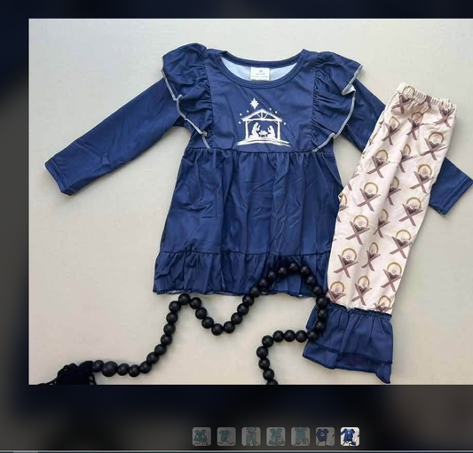 6 B11-25 Kids Girls Christmas Print Solid Navy Long Sleeve Tunic Ruffle Pants Set