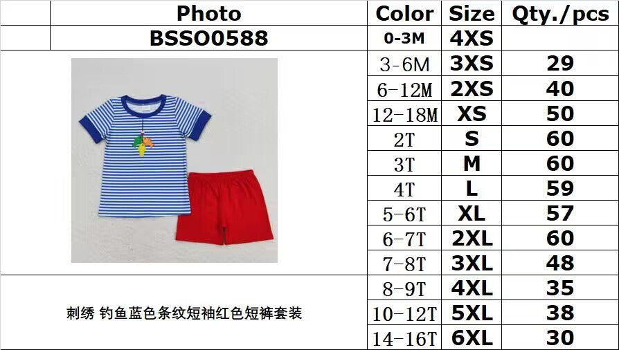 BSSO0588 Embroidered fishing blue striped short sleeve red shorts suit
