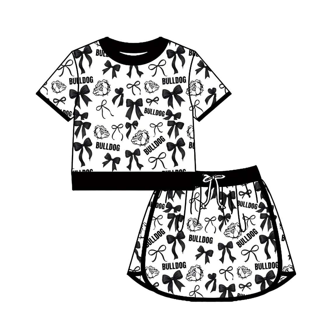 custom moq 5 mix size AASD0504 Adult And Kids Team Black Bow Print Short Sleeve Crew Neck Top Drawstring Skort Clothing Set