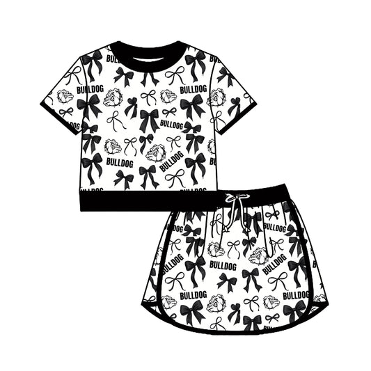 custom moq 5 mix size AASD0504 Adult And Kids Team Black Bow Print Short Sleeve Crew Neck Top Drawstring Skort Clothing Set