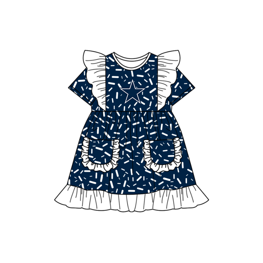Custom moq 5 mix size milk silk summer teams baby girl clothes dark blue short sleeve dress and rompers series