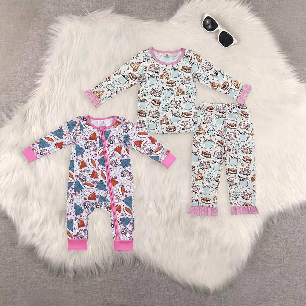 RTS NO MOQ Sibling Baby girls modal Christmas trees long-sleeved trousers suit & romper