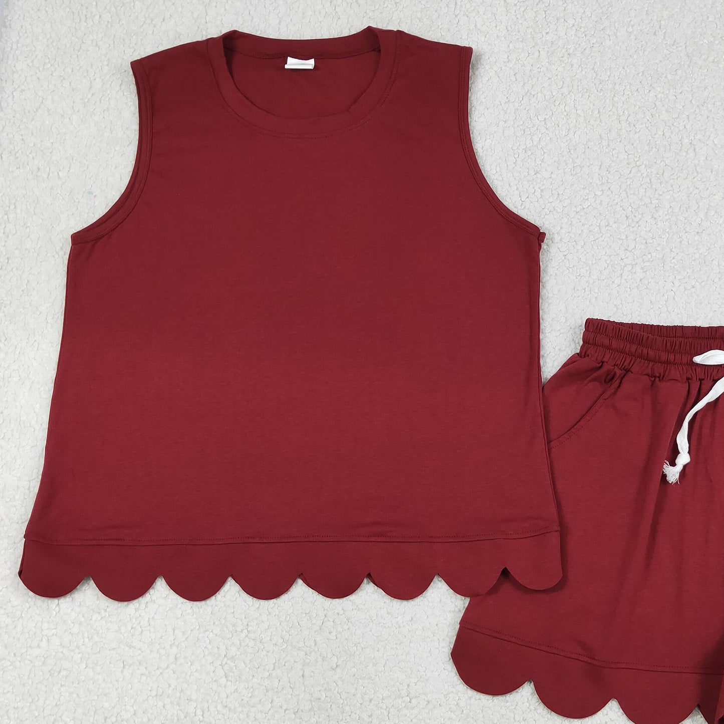 RTS NO MOQ cotton GSSO3735 Women Dark Red Sleeveless Blouse Scallop Hem Shorts Two Piece Set