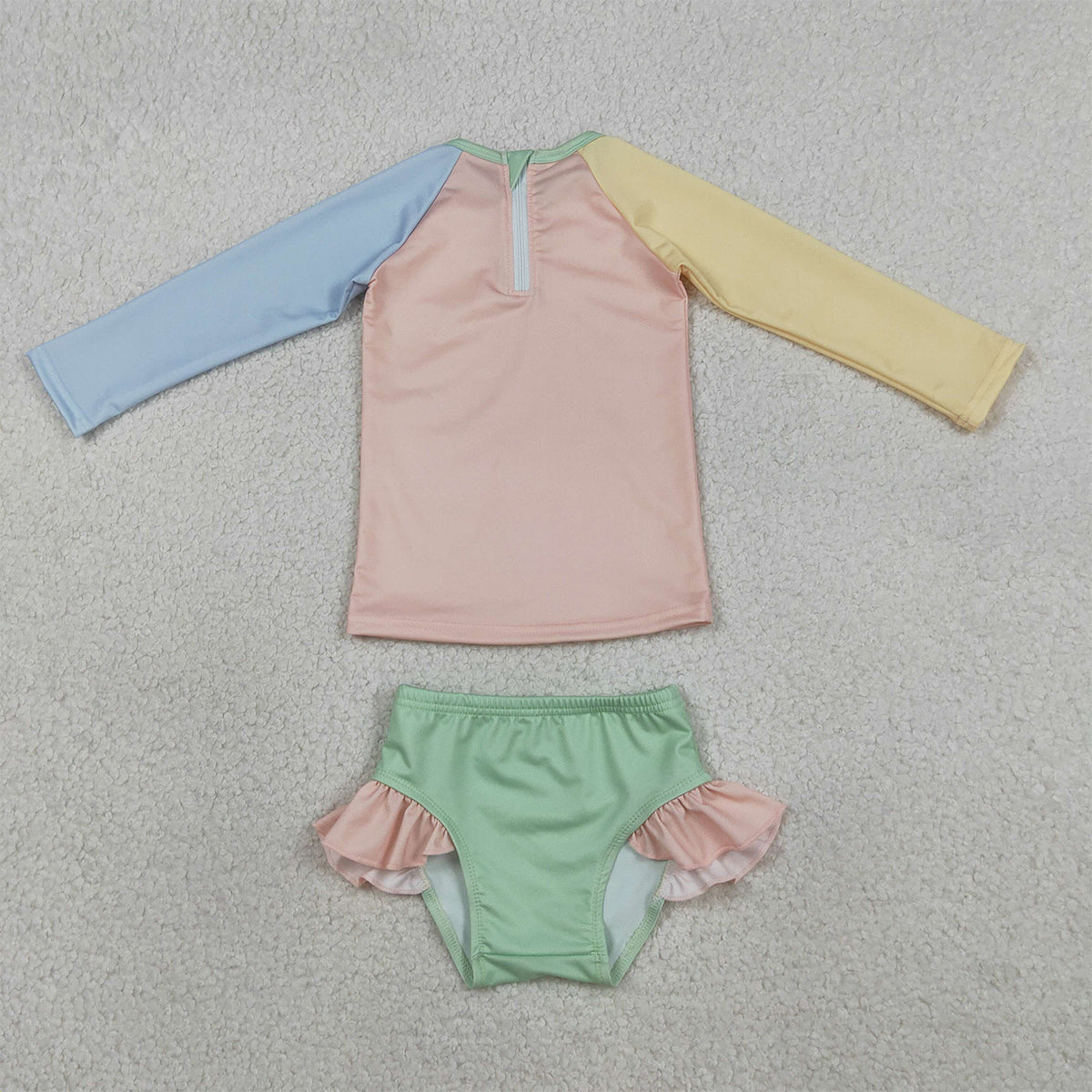 RTS NO MOQ S0637 Baby Girls Patchwork Swimsuits Yellow Aqua Blue Pink Ruffle Top Bummies Outfit