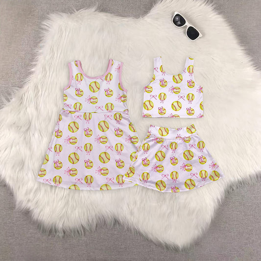 RTS NO MOQ Sibling baby girl clothes baseball sleeveless skirt yoga set and yoga dress