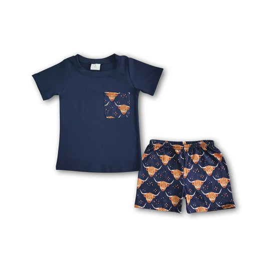 BSSO0035 Baby boys black top western highland pocket shorts sets