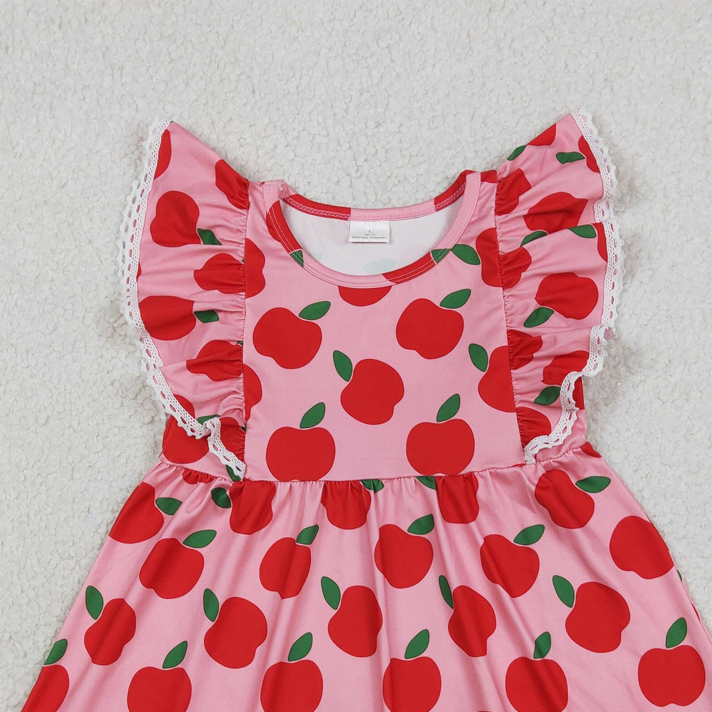 RTS NO MOQ GSD3510 milk silk Baby Girls Cute Flutter Sleeve Apples Back to School Knee Dress（2T-14-16T）