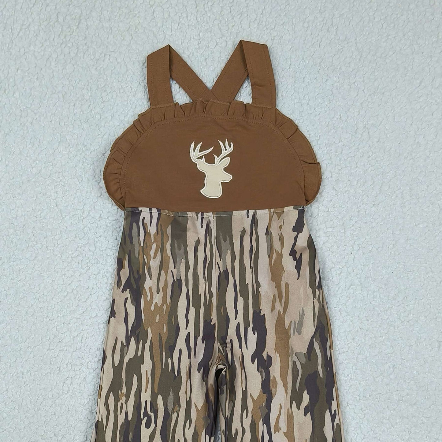 RTS NO MOQ SR4047 Toddler Girls Strap Jumpsuits Olive Camo Hunting Style With Deer Embroidery