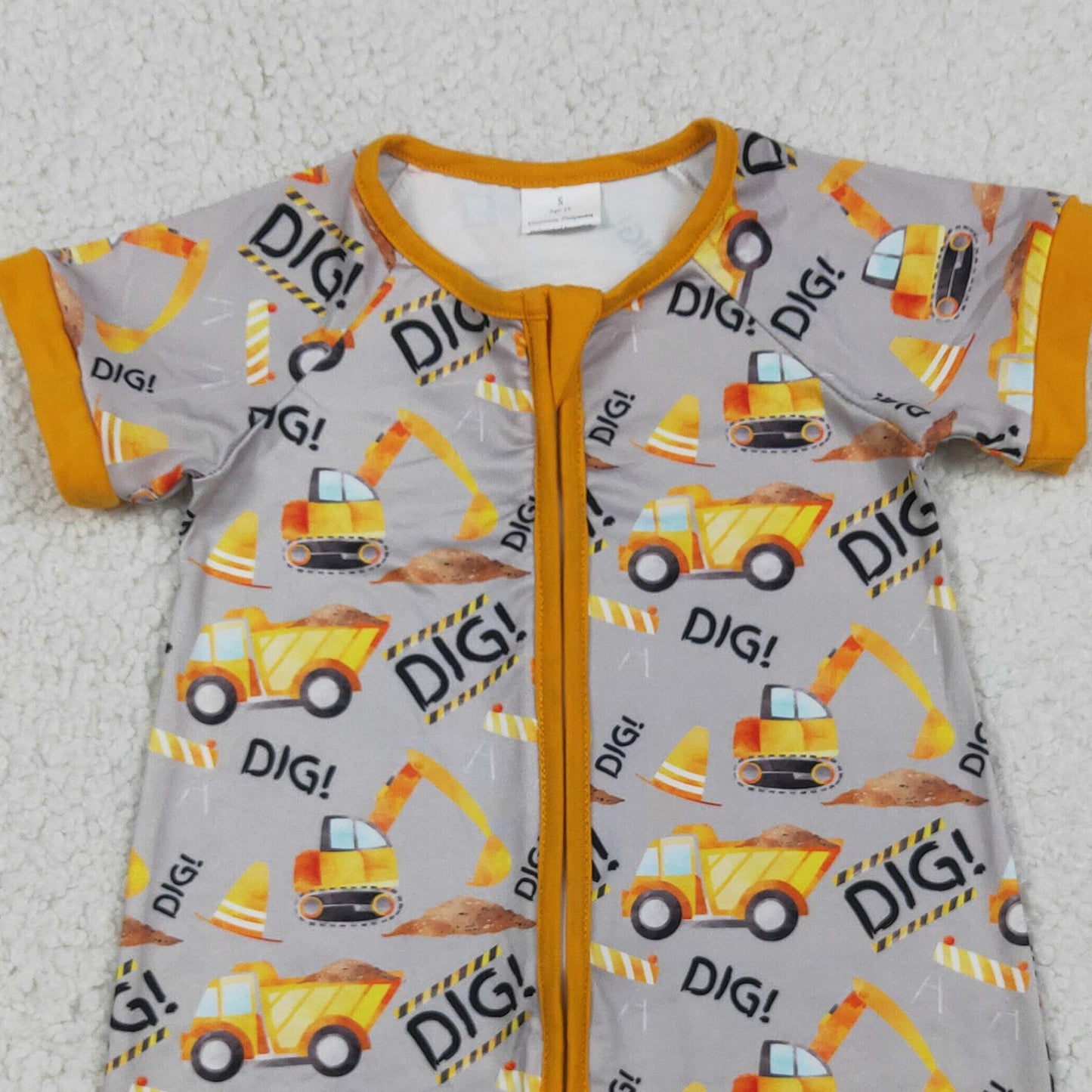 RTS NO MOQ milk silk SR0844 Baby Boys Digger Summer Short Sleeve Zip Rompers