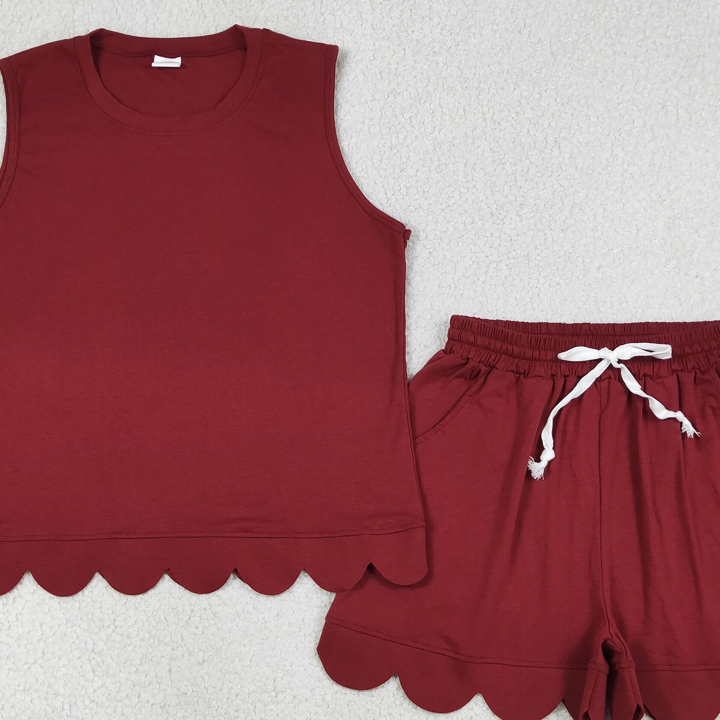 RTS NO MOQ cotton GSSO3735 Women Maroon Pocket Sleeveless Scallop Two Piece Set