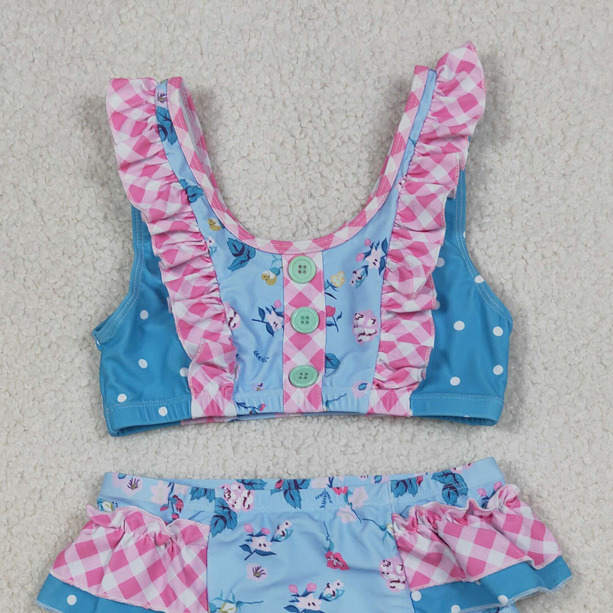RTS NO MOQ S0777 Baby Girls Sleeveless Floral Button Vest Top with Bummies Short Swimsuit Set（2T-10-12T）