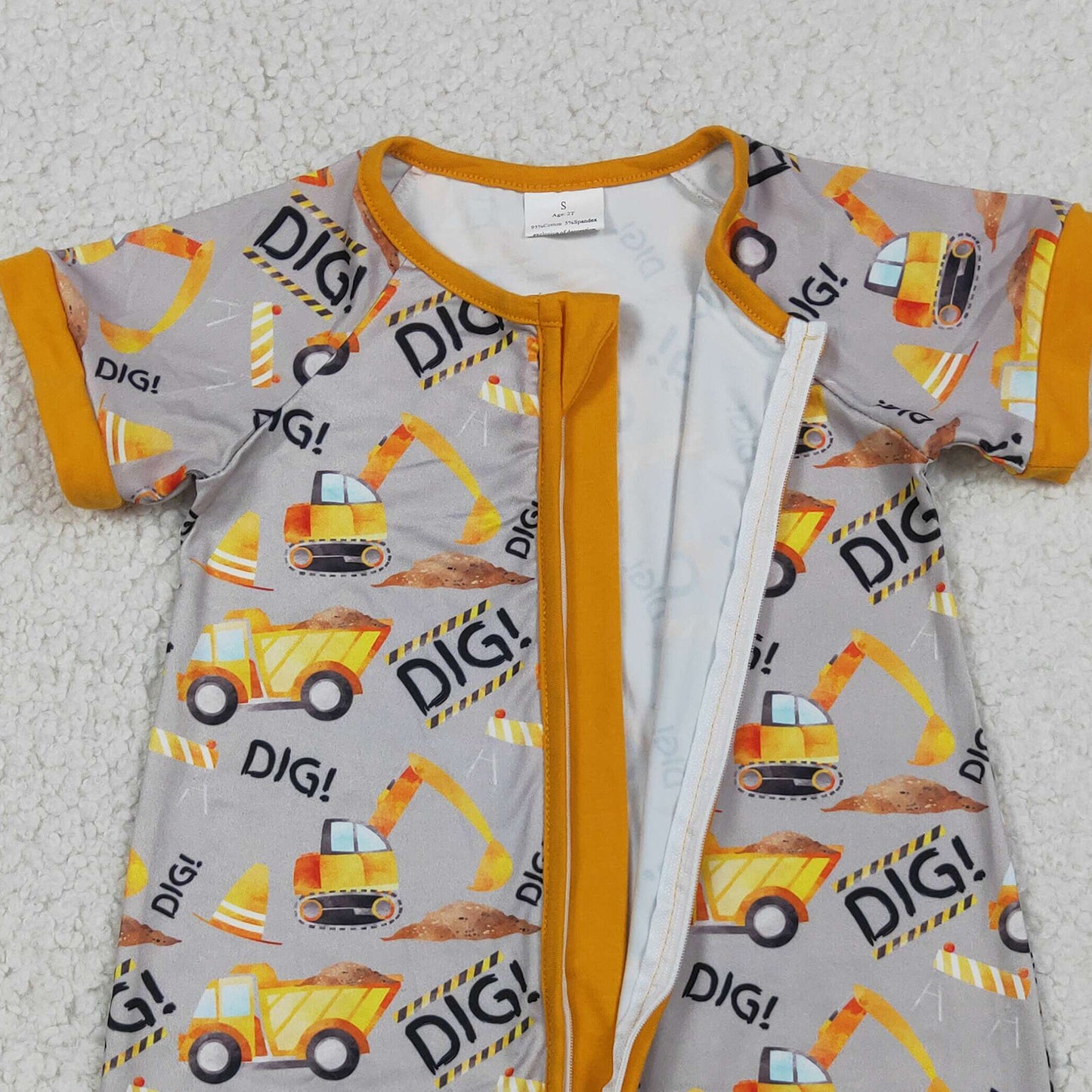 RTS NO MOQ milk silk SR0844 Baby Boys Digger Summer Short Sleeve Zip Rompers