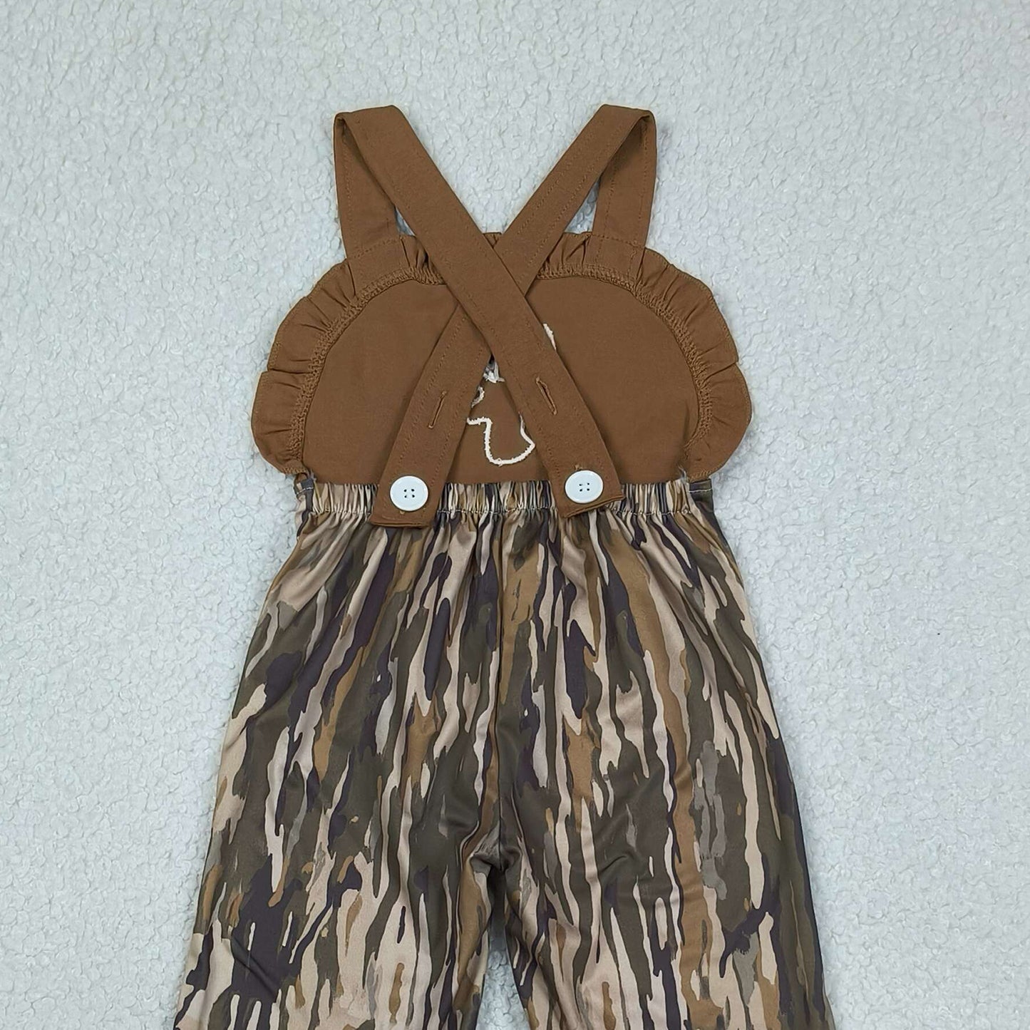 RTS NO MOQ SR4047 Toddler Girls Strap Jumpsuits Olive Camo Hunting Style With Deer Embroidery