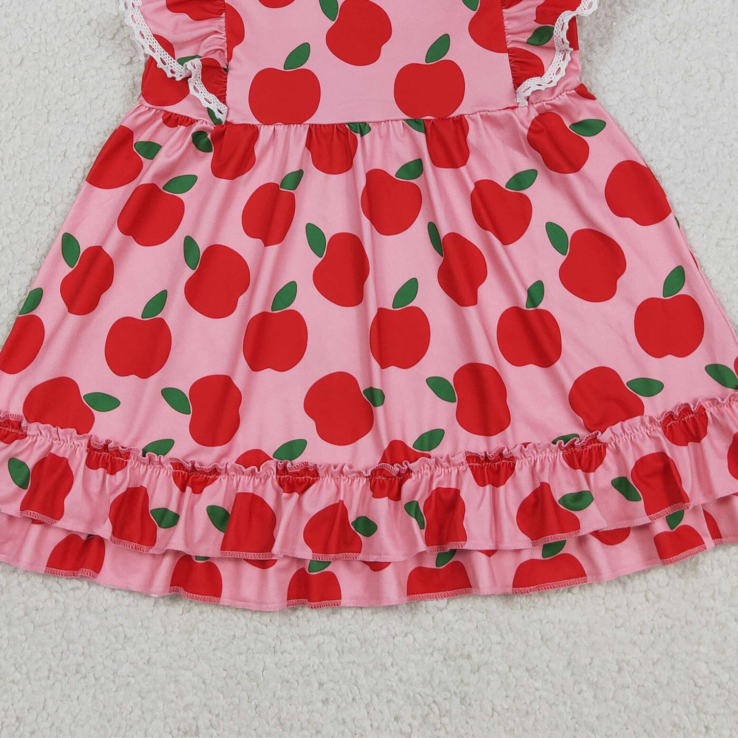 RTS NO MOQ GSD3510 milk silk Baby Girls Cute Flutter Sleeve Apples Back to School Knee Dress（2T-14-16T）
