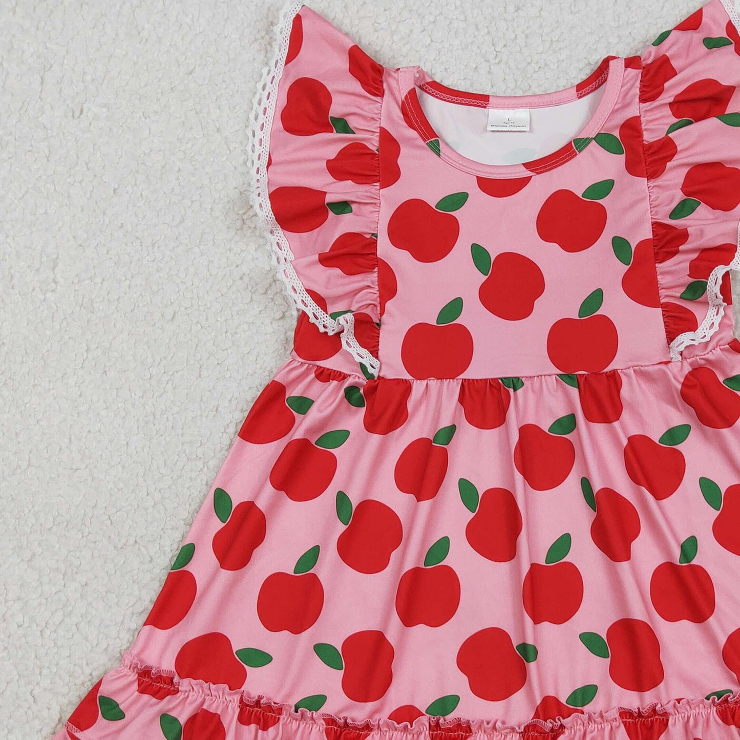 RTS NO MOQ GSD3510 milk silk Baby Girls Cute Flutter Sleeve Apples Back to School Knee Dress（2T-14-16T）