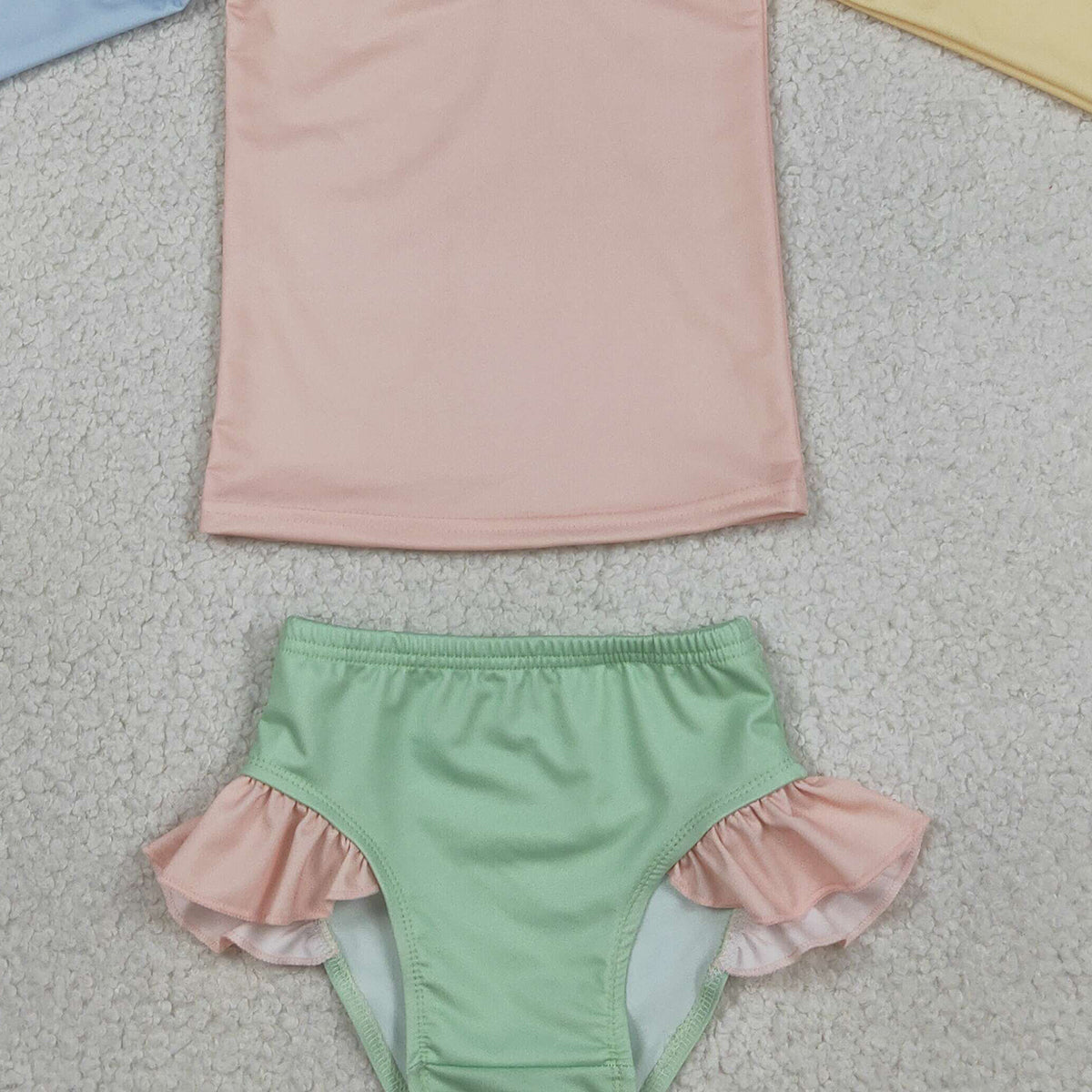 RTS NO MOQ S0637 Baby Girls Patchwork Swimsuits Yellow Aqua Blue Pink Ruffle Top Bummies Outfit