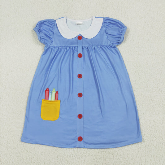 RTS NO MOQ GSD1821 Back to school crayon yellow pocket doll collar blue and white short sleeve dress