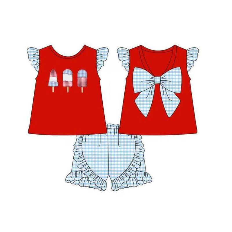 baby girl clothes ice cream red top light grid lace shorts summer outfit