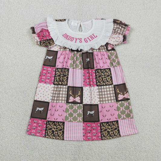 RTS NO MOQ（In Stock ) GSD3484 Embroidered Daddy's Girl Camouflage Check Pink Short-Sleeve Dress