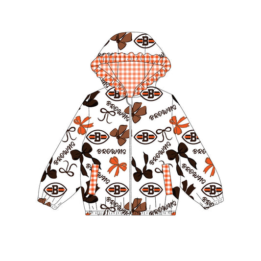 Custom moq 8 mix size milk silk summer team baby girls clothes bow orange hooded long sleeve top-25.9.30
