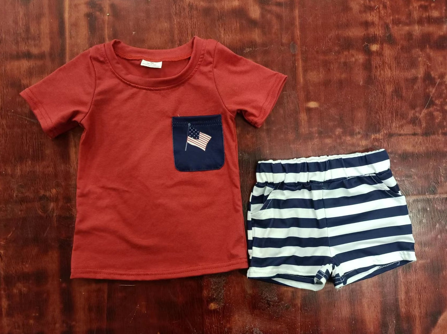 summer boys red 4th of July flag short sleeve striped shorts boys sets