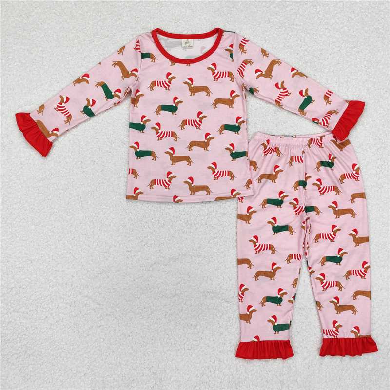 Baby Kids Christmas Dachshund Collection - Red Ruffle Pajama Set & Zipper Romper