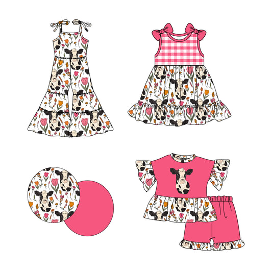 2.24 custom each style moq 5eta 4-6week Sibling Sister cow floral baby girl sets and dress and jumpsuit match family design