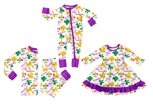 25.10.2 custom each style moq 8 eta 6-8week Sibling Sisters mardi gras bow baby girl long sleeve pants sets and dress and rompers match family design